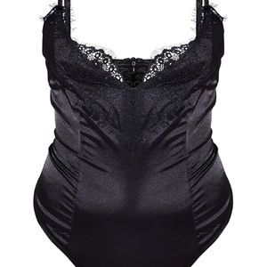 BLACK EYELASH LACE TRIM THONG BODYSUIT